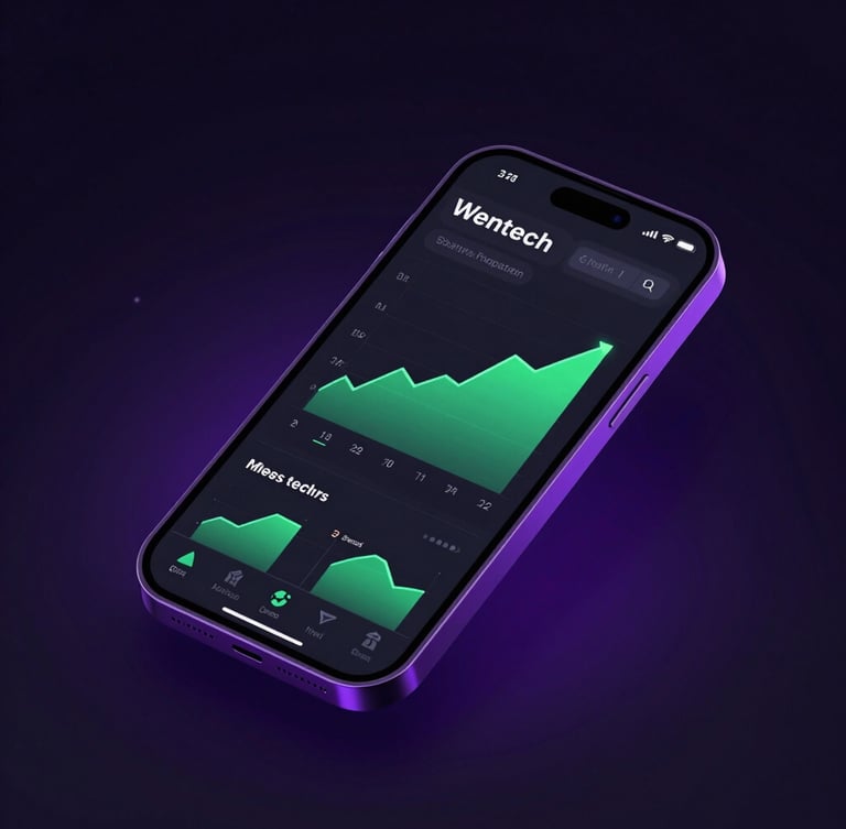Sleek dark-mode fintech mobile app interface on a smartphone screen, high-contrast neon green data charts, isometric angle, dark studio setting with electric violet glow