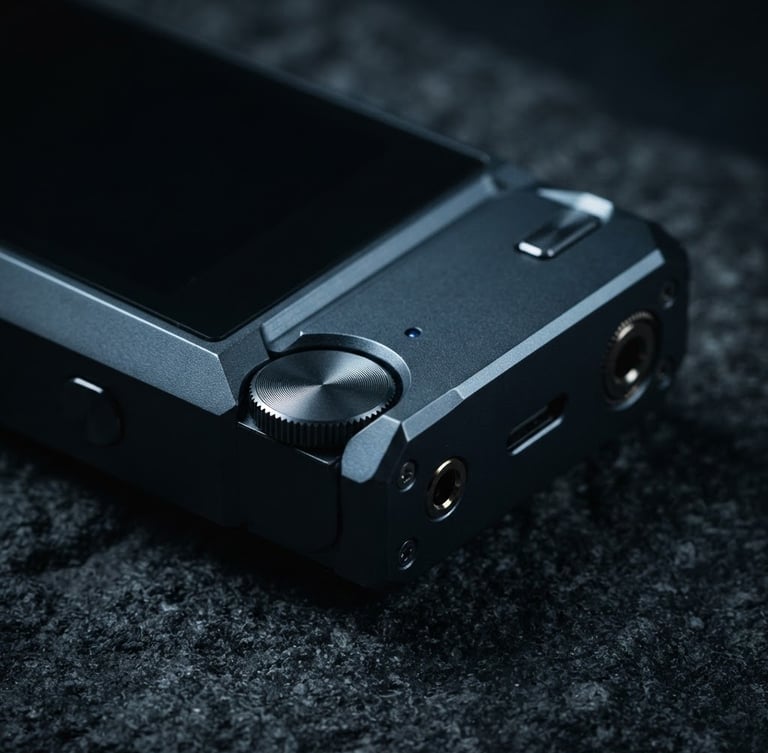 Dark minimalist product photography, macro close-up of a sleek metallic digital device on a dark textured surface, sharp geometric lines, deep night blue studio lighting, 35mm