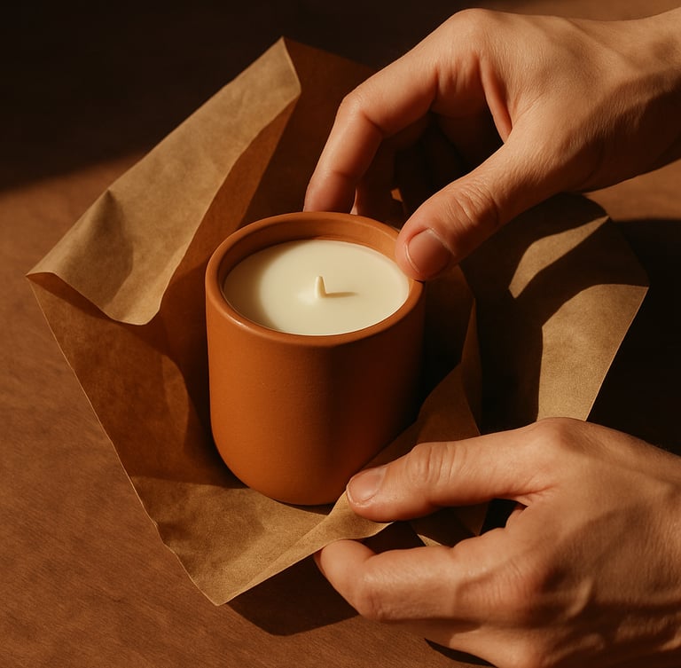 Hands wrapping a minimalist terracotta candle vessel in textured brown paper, warm studio lighting, dramatic shadows, focus on hands and natural materials.