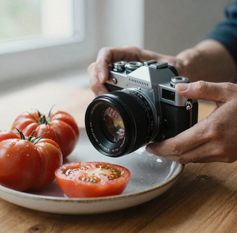 Close-up of a vintage camera lens being adjusted over a rustic plate of heirloom tomatoes on a wooden table, soft natural daylight, 35mm film aesthetic.