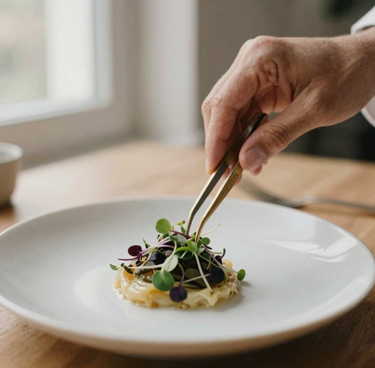 Tactile close-up of a chef's hands using brass tweezers to place delicate microgreens on a beautifully plated dish, soft natural window light, desaturated warm tones