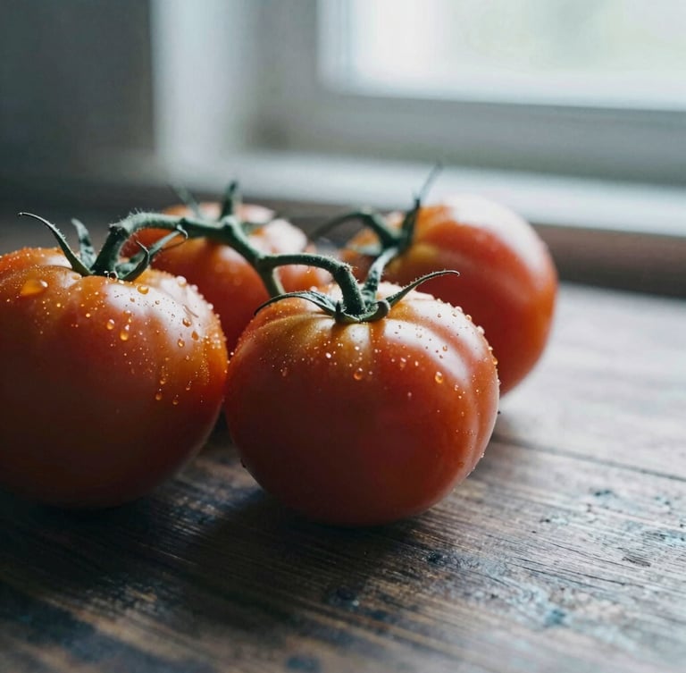 Macro close-up of heirloom tomatoes on a dark wooden table, soft natural window light, rustic Scandinavian kitchen setting, 35mm film aesthetic