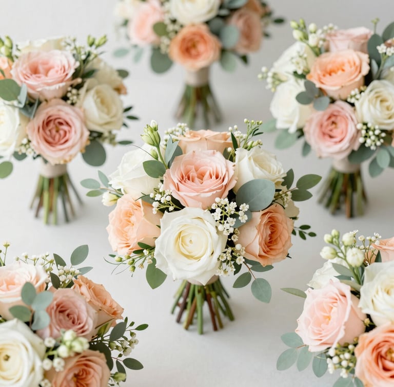 Overhead flatlay of premium wedding floral arrangements, soft peach and sage green palette, bright natural morning daylight, crisp details.