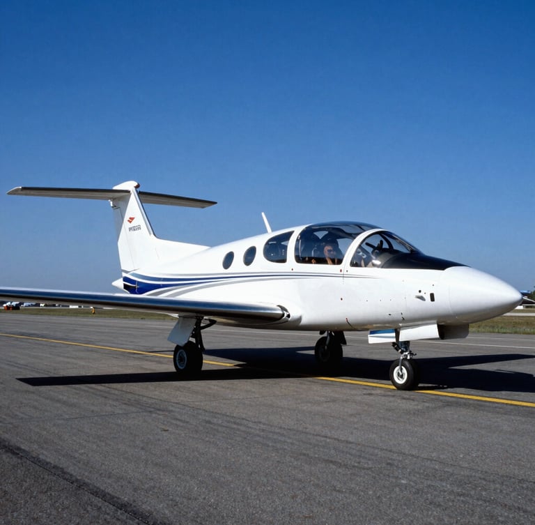 Sharp daylight shot of a modern training aircraft parked on the asphalt runway of Ponta Grossa airport, deep blue sky, crisp professional editorial style, 35mm