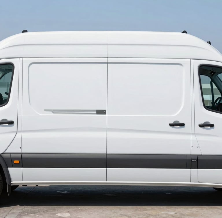 Straight-on profile shot of a sterile white refrigerated sprinter van, bright clinical daylight, crisp focus, 50mm lens
