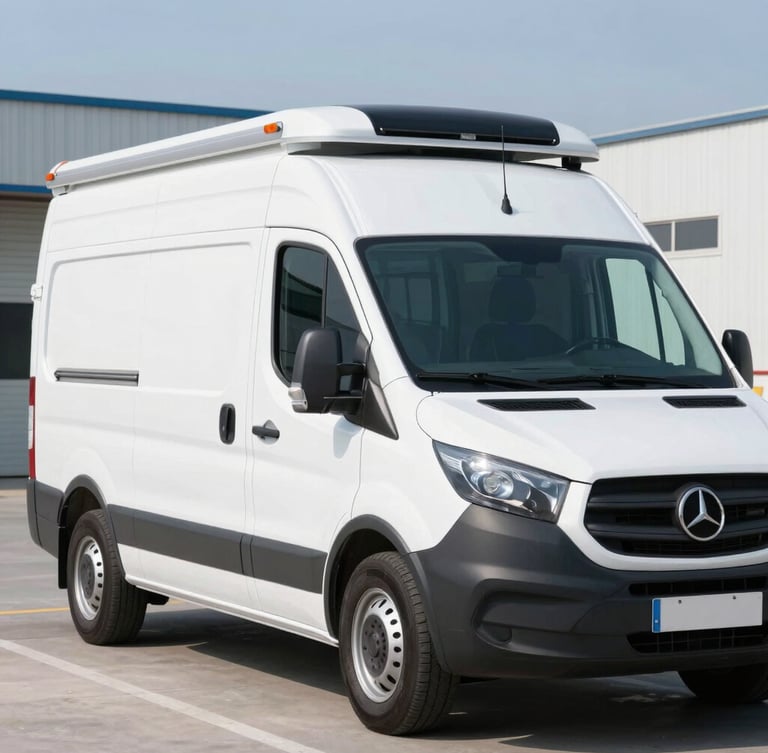 Profile shot of a clean, white validated refrigerated transport van with technical markings, parked in bright daylight, sharp focus, 50mm lens