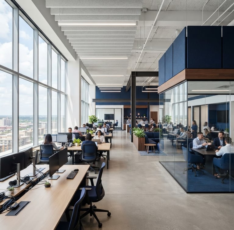 Wide architectural shot of a pristine, newly renovated modern office space, bright natural daylight, clean white balance, deep blue accents, premium finish, 35mm lens.