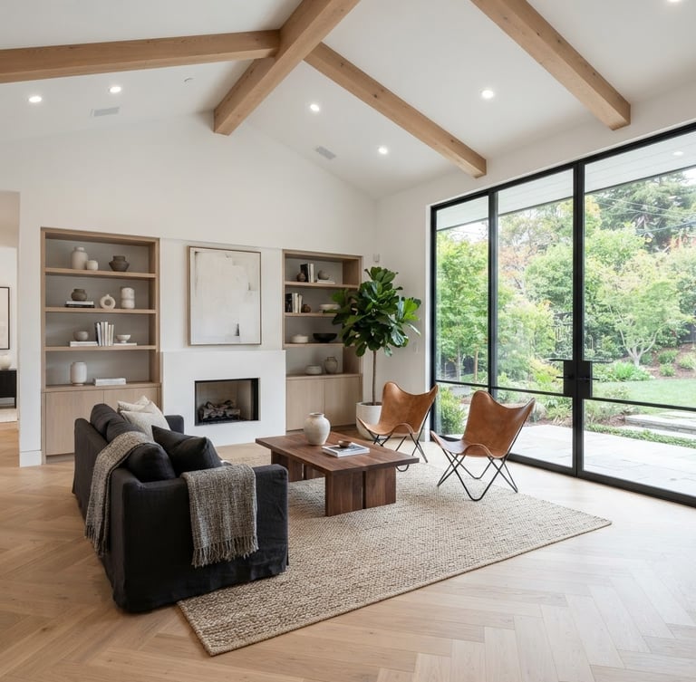 Wide architectural shot of a pristine, newly renovated living room, bright natural daylight, high contrast, clean white balance, 35mm lens.