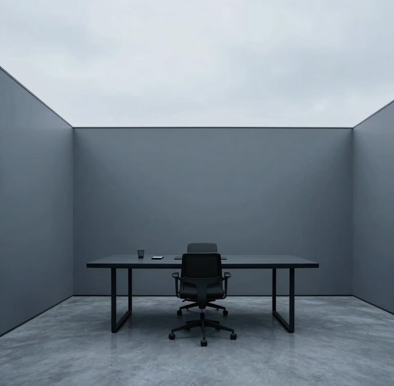 Wide-angle architectural photograph of a minimalist modern workspace, cool overcast daylight, desaturated slate blue tones, sharp focus.