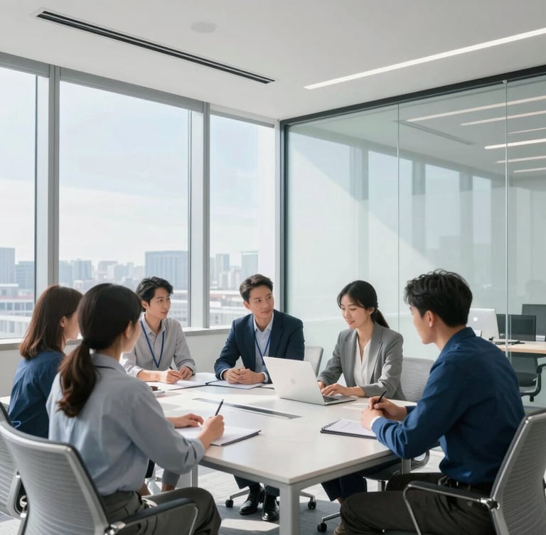 Bright modern conference room with glass walls, natural daylight, professional team members collaborating around a table, crisp white and blue tones, 35mm