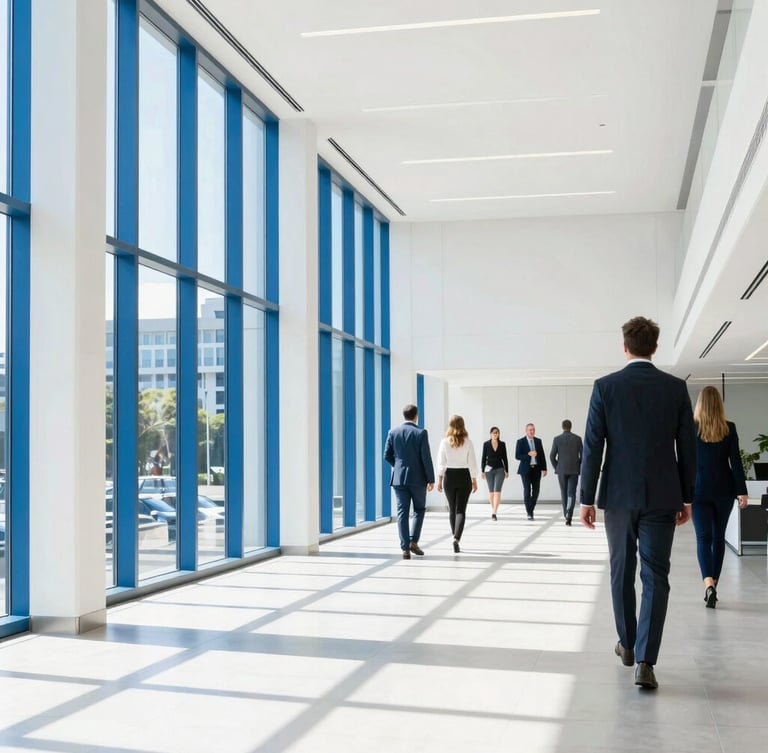 Bright modern corporate office lobby in Melbourne Florida, natural daylight streaming through high windows, professional people walking in background, 35mm