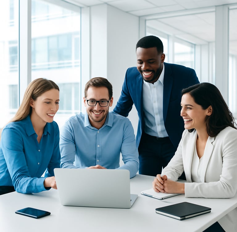 Bright modern office boardroom filled with natural daylight, professional colleagues collaborating around a clean table, high-key lighting, 35mm