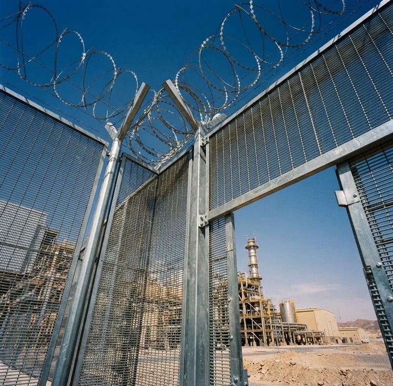 Low-angle architectural shot of a heavy-duty anti-climb security fence surrounding a modern Saudi industrial facility, harsh desert daylight, metallic textures of galvanized steel against a clear blue sky, professional 35mm photography