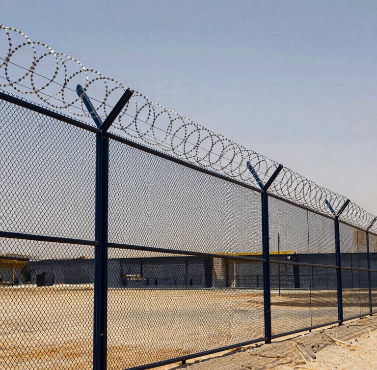 Low-angle architectural editorial shot of a heavy-duty anti-climb mesh fence with razor wire top, protecting a secure national infrastructure facility in Riyadh, bright desert daylight, 35mm lens