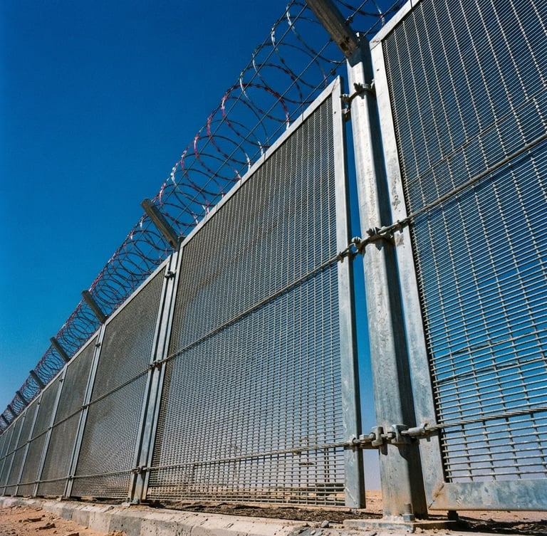 Low-angle architectural shot of a high-security anti-climb fence under harsh Saudi sun, clear blue sky, galvanized steel texture reflecting light