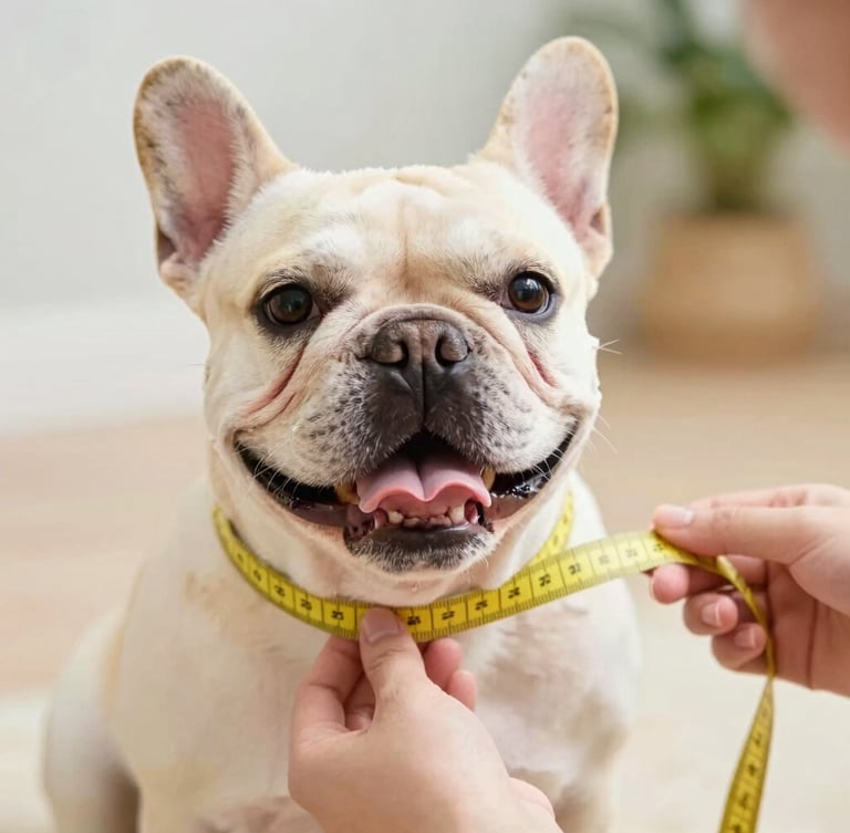 Bright warm photo of a happy French Bulldog being gently measured with a soft yellow measuring tape by hands, cheerful pastel tones, natural daylight, soft focus background