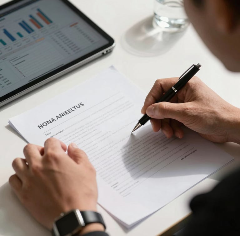 Tight candid crop of hands analyzing physical contracts next to a modern tablet displaying data charts, high-contrast natural light, sharp clean shadows.