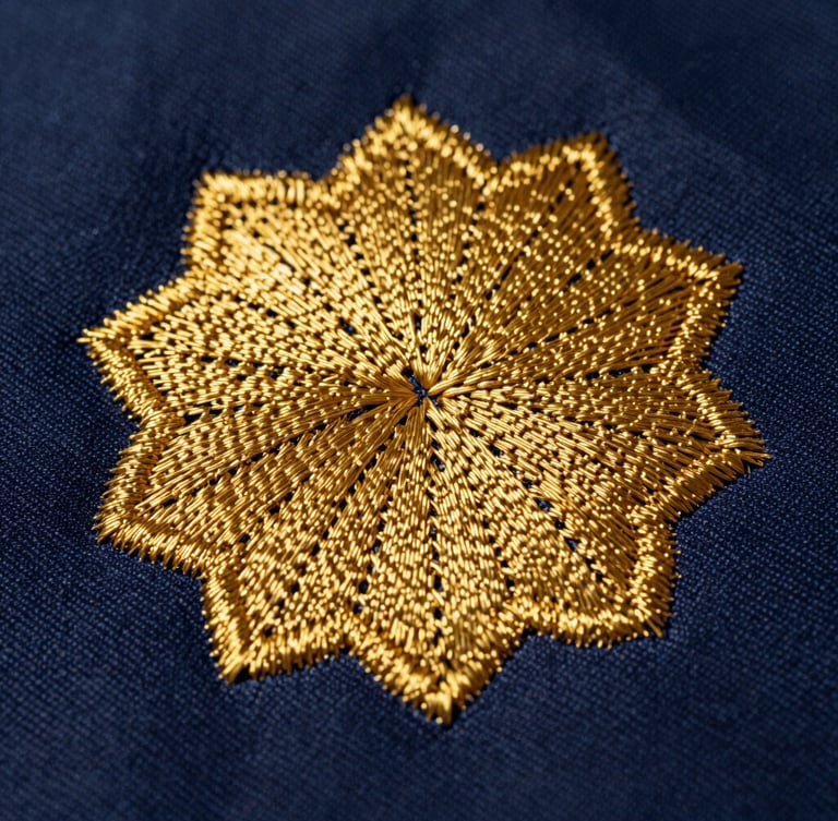 Crisp studio photography of high-density golden embroidery stitches on deep navy fabric, sharp high-contrast light catching thread textures, 85mm macro detail