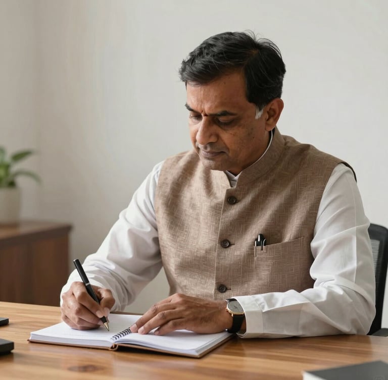 A mature Indian professional in a Nehru jacket sitting at a clean wooden desk, writing systematically in a notebook under soft, natural morning light.