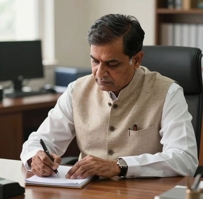 A mature Indian professional in a neat Nehru jacket, sitting at a wooden desk in a well-lit office in Lucknow, writing carefully in a notebook with a pen, soft natural daylight.