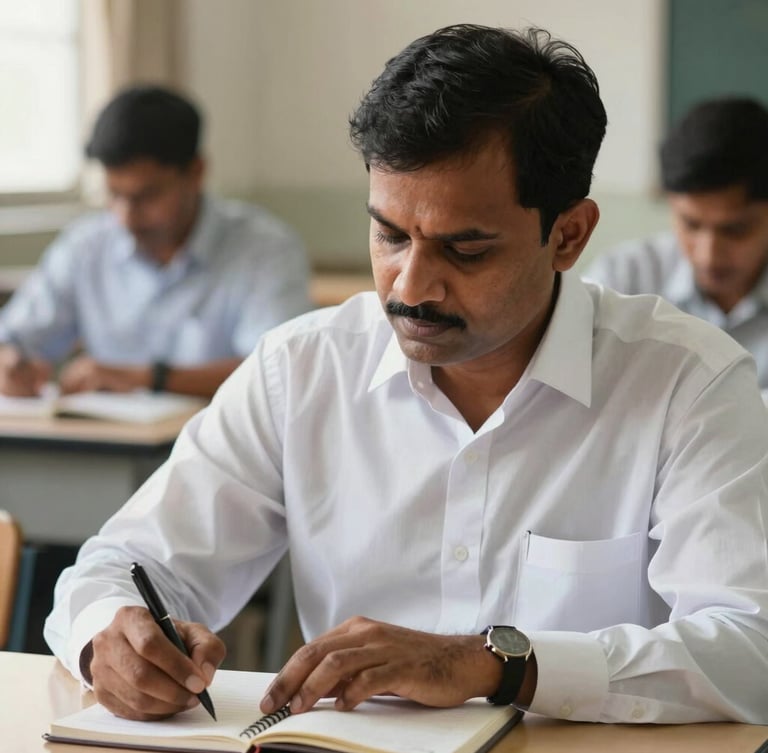 Medium-close up of a mature Indian man in a crisp formal shirt, writing in a notebook in a well-lit classroom, soft natural daylight