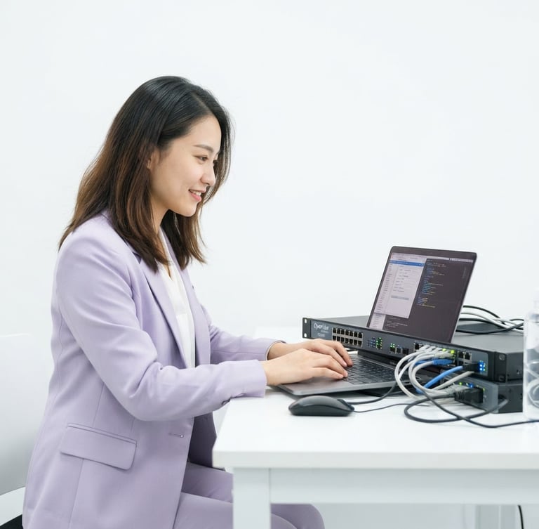 Bright high-key technology photography of a pretty 25-year-old Chinese female engineer with untied hair in a light purple suit typing on a laptop to configure OpenVox IP PBX telephony equipment, clean white backdrop, 50mm
