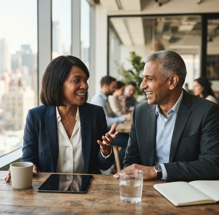 A candid medium close-up of two diverse corporate executives in a modern, sunlit workspace, engaged in a focused, warm conversation, soft window light, shallow depth of field.