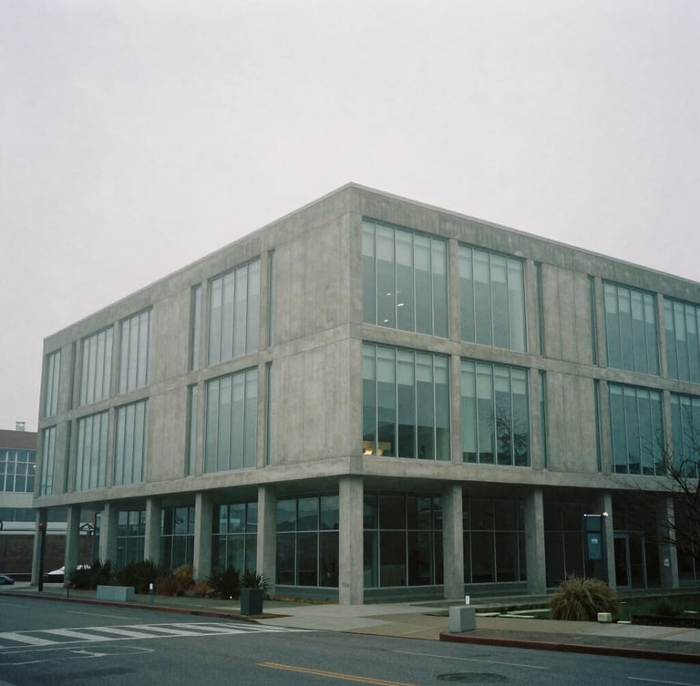 Wide-angle architectural perspective of a modern concrete and glass building in Seattle, misty morning fog, soft overcast daylight, cool desaturated tones, 35mm film.