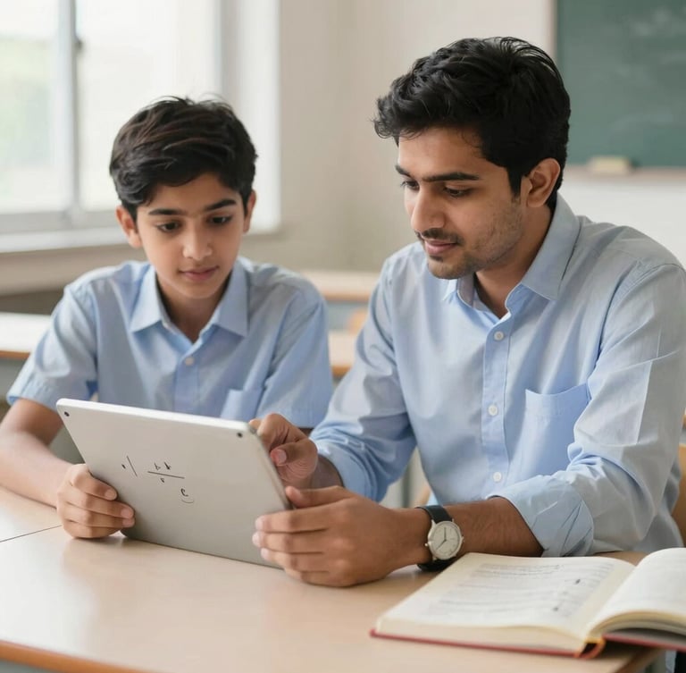 A professional Pakistani tutor in a bright, modern study room explaining a mathematics formula on a tablet to an attentive high school student, soft natural daylight, shallow depth of field