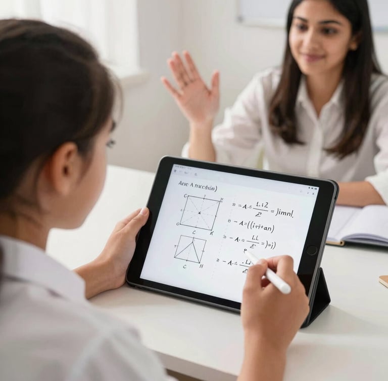 Over-the-shoulder shot of a high school student in Lahore using a tablet with a stylus, a professional female math tutor explaining a geometry equation on the screen, bright natural daylight, 35mm editorial photography.