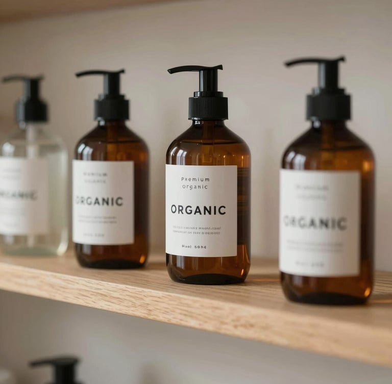 Close-up of premium organic home goods on a clean wooden shelf under soft natural light, minimalist and elegant.