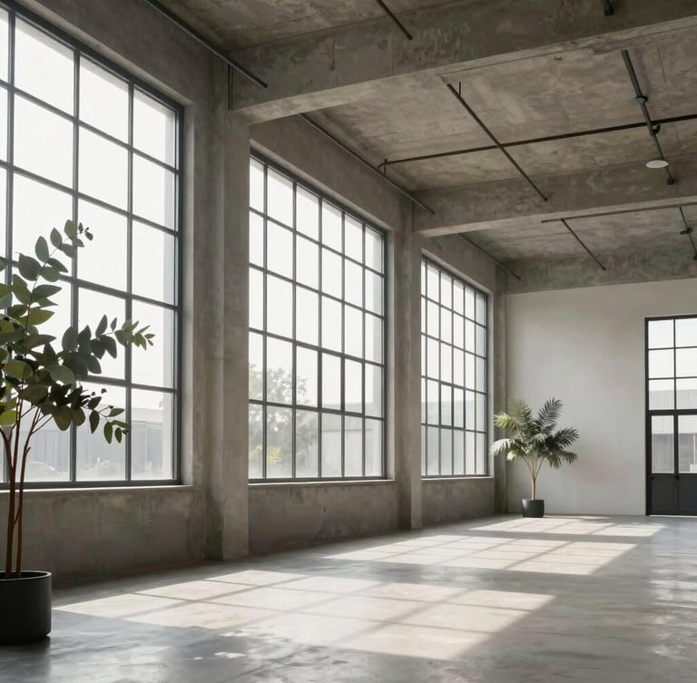Sleek, architectural modern warehouse space with soft natural morning light filtering through high windows, clean lines, eucalyptus plants in the corner, minimalist framing