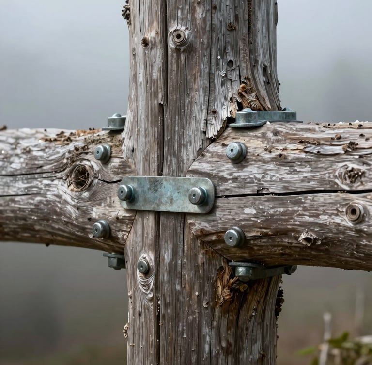 Close-up of a massive weathered oak timber joint secured with heavy marine-grade fasteners, salt air mist in the background.