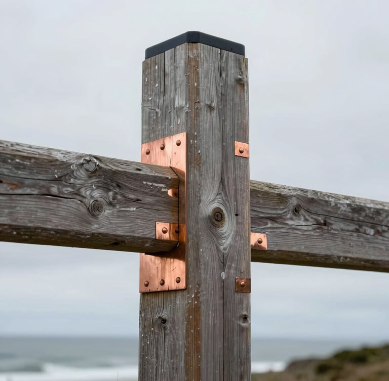 Tight close-up of interlocking heavy timber joints, weathered oak texture, copper flashing details, overcast coastal daylight, crisp focus on structural joinery.
