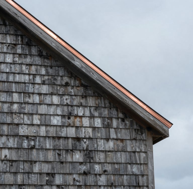 Overcast coastal daylight shot of a weathered cedar shingle home exterior with clean copper flashing details along the roofline.