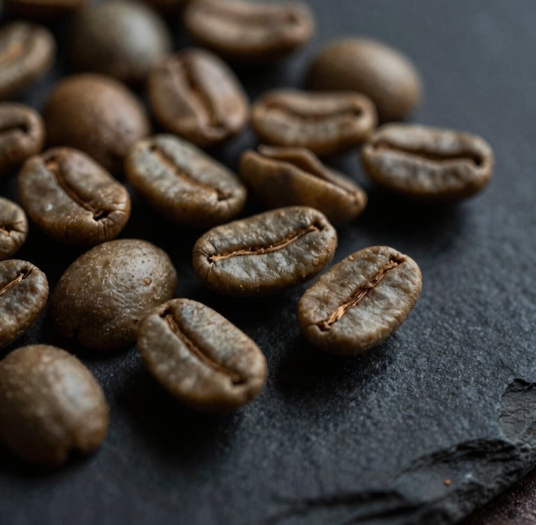 Macro shot of raw green coffee beans on a dark stone surface, moody side-lighting with deep soft shadows, 35mm