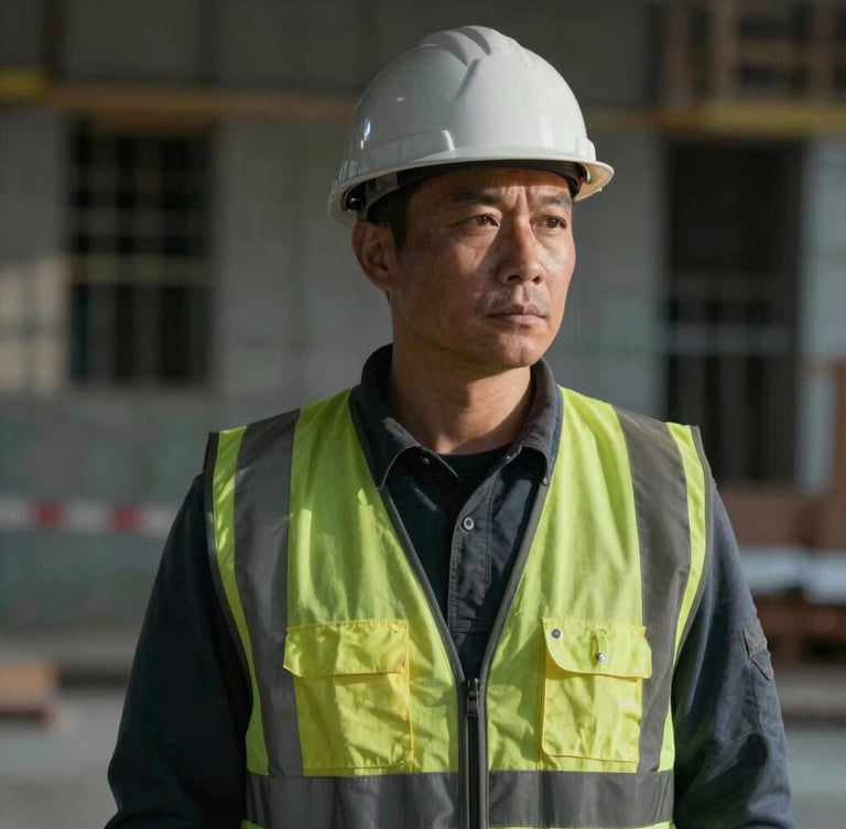 Environmental portrait of a construction worker in a reflective vest, looking determinedly off-camera, natural dramatic side-lighting, muted slate tones, 50mm lens