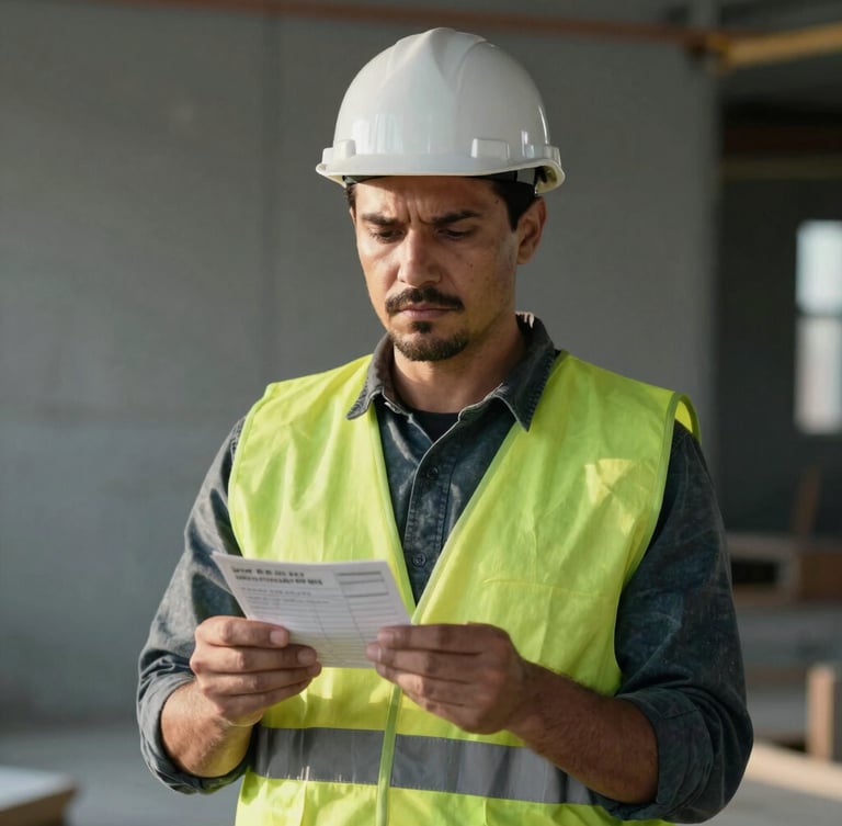 Environmental portrait of a construction worker in a safety vest holding a paystub, serious expression, natural side-lighting, muted slate tones, 50mm lens