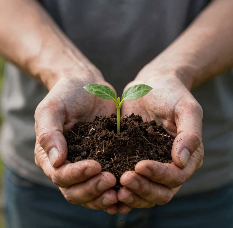 Close-up of weathered hands gently holding dark fertile soil with a small green sprout, soft natural morning light, high contrast, Scandinavian style