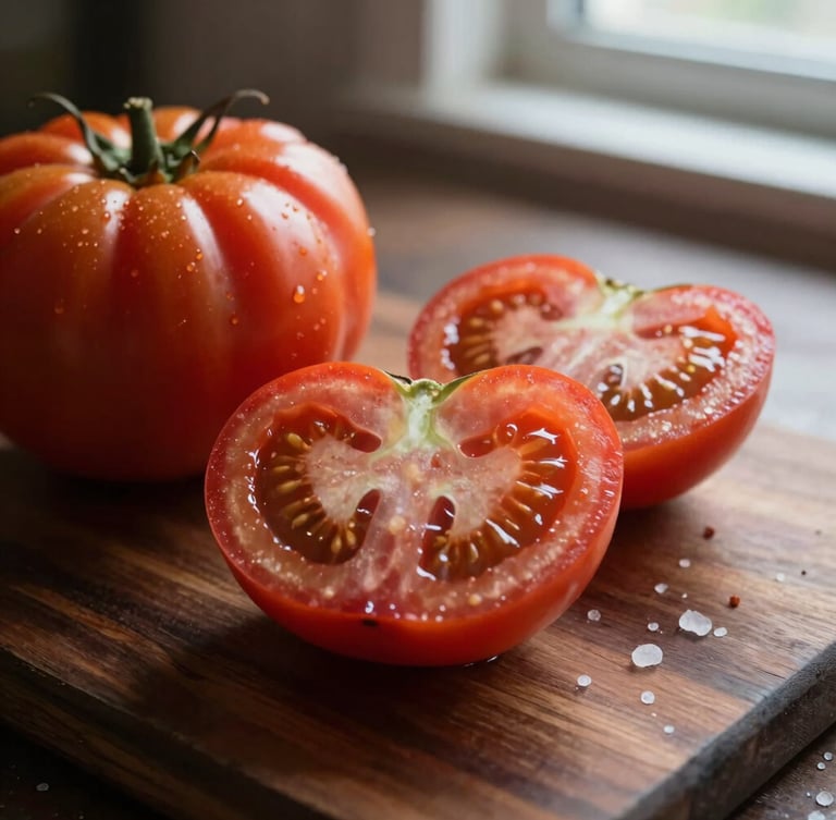 A close-up photograph of raw heirloom tomatoes sliced on a dark wood prep table, soft directional window light, salt crystals visible