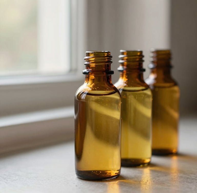 Amber glass bottles filled with golden cold-pressed mustard oil catching soft morning kitchen window light, macro lens, earthy muted tones