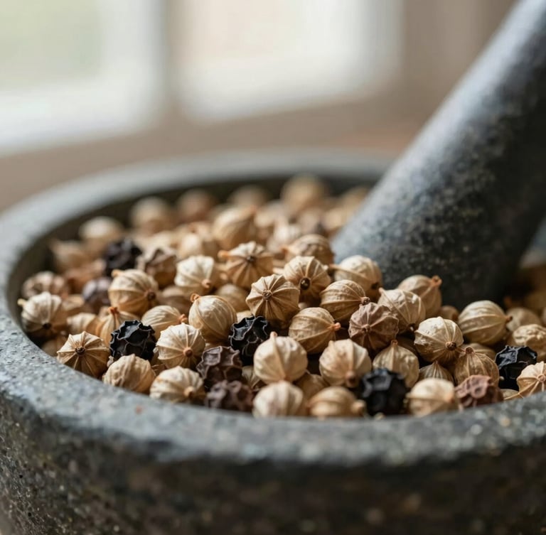 Macro close-up of whole coriander seeds and black peppercorns on a dark stone mortar, soft morning kitchen window light, warm editorial food photography