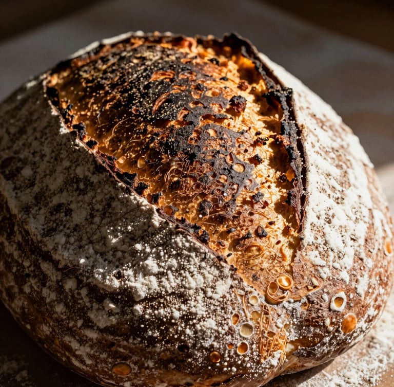 Macro portrait shot of a dark, blistered sourdough crust dusted with flour, warm morning light casting deep shadows on the textured surface.
