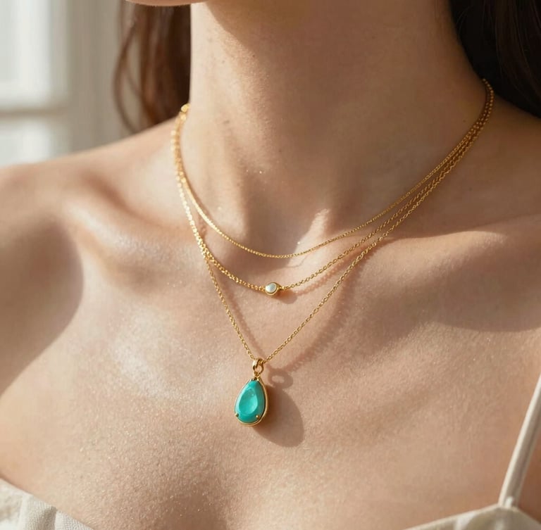 Macro shot of a woman's collarbone showing layered gold necklaces, soft natural shadows, sand-toned background