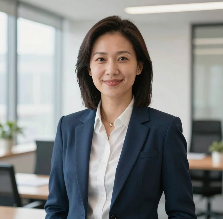 A professional, natural business portrait of an advisor in a bright, modern, organized office environment, soft natural daylight, clean corporate blue and warm gray tones, 35mm