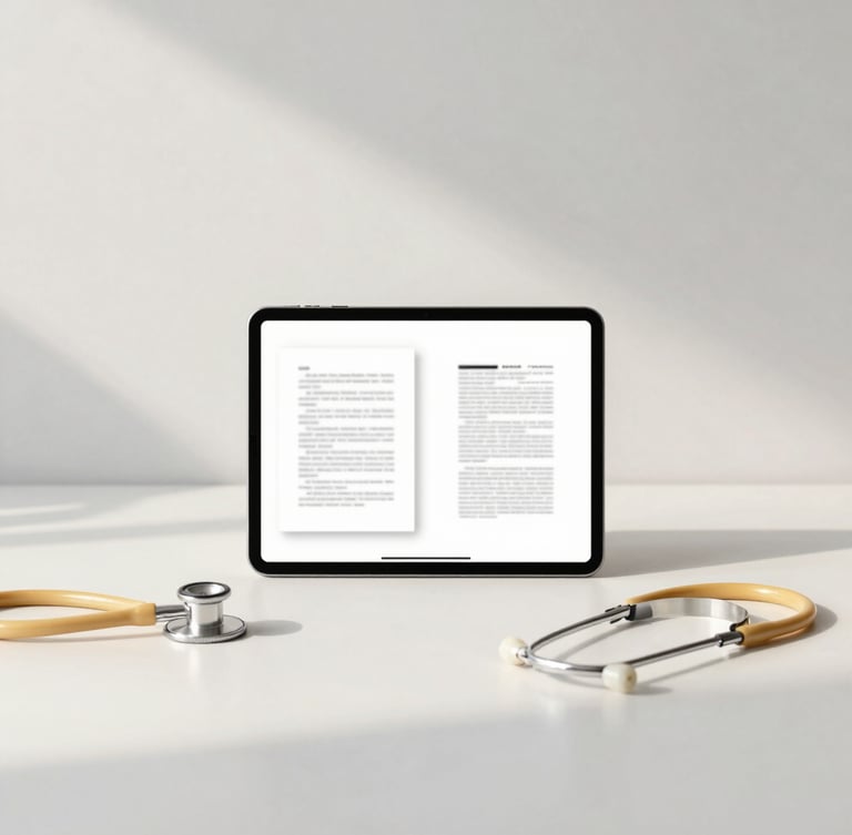 Minimalist clean workspace with a tablet displaying a document cover next to a stethoscope, soft daylight, warm gold accents