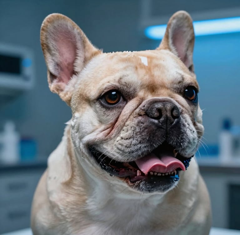 Macro portrait of a French Bulldog breathing comfortably in a high-contrast clinical environment, electric blue lighting accents, professional veterinary setting.