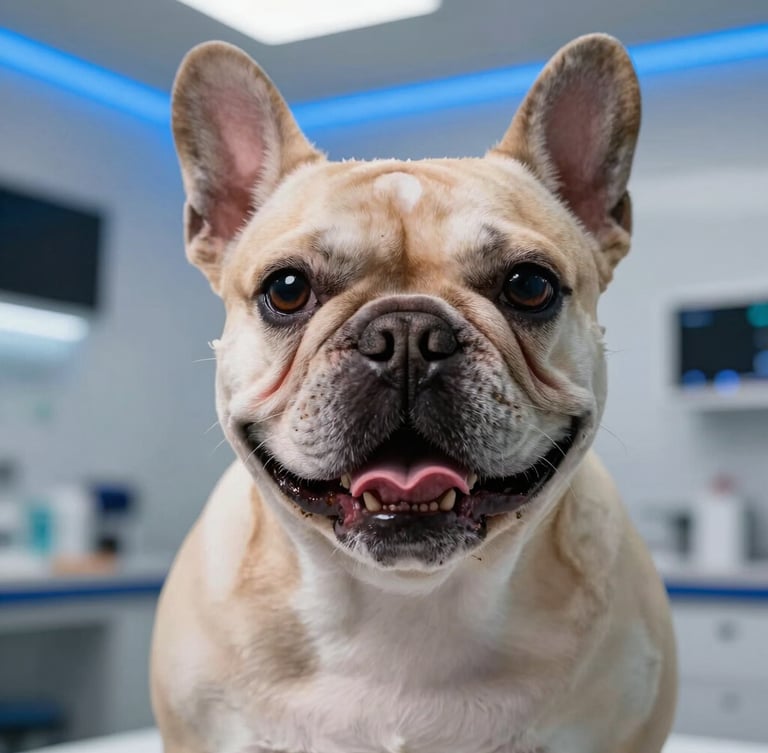 Direct eye-level portrait of a French Bulldog breathing comfortably in a clean, high-contrast modern clinic with electric blue lighting accents.