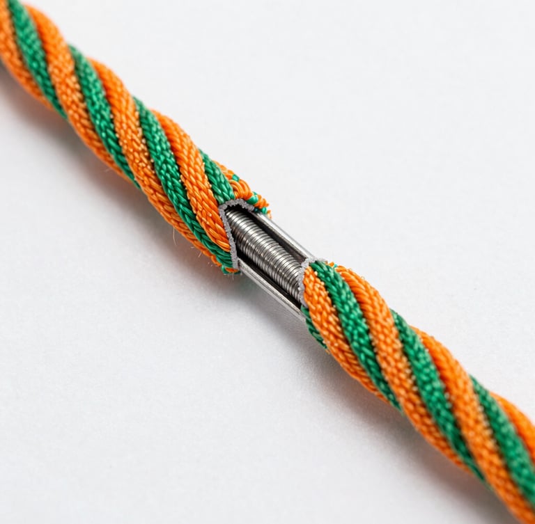 Macro photograph of a thick double-braided orange and green nylon rope with cutaway showing the inner galvanized steel wire core, crisp focus, industrial engineering style.