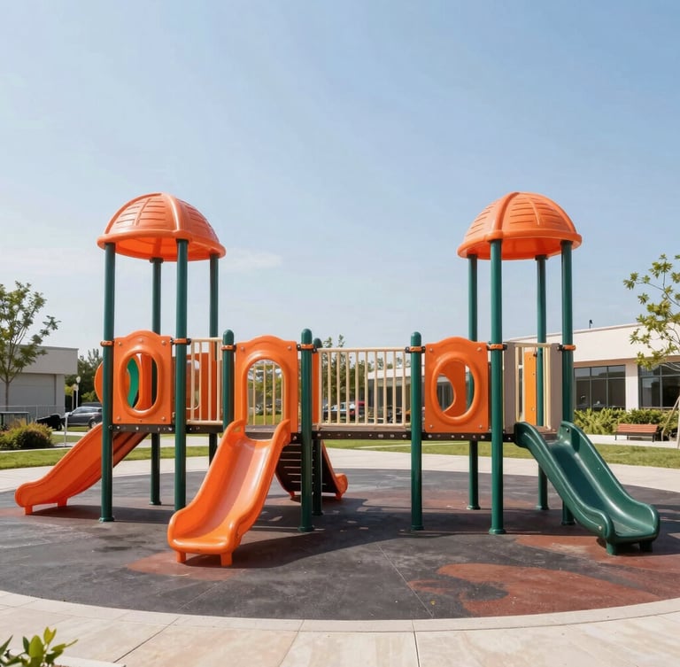 Wide-angle architectural shot of a modern commercial outdoor playground installation with vibrant orange and green structural posts on a bright sunny day, crisp focus